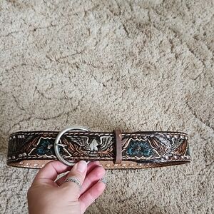Tooled Genuine Leather Belt With Silver Buckle Sz 30